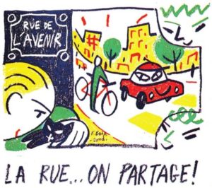 Illustration de F. Boisrond, 1988, Rue de l'avenir :rue partagée entre cycliste et automobiliste