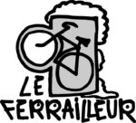 Logo Le Ferrailleur : bock à bière avec la mousse débordante, un vélo contenu dedans, la roue avant dessinant l'anse du verre.