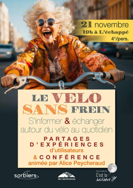 Affiche de la conférence : femme agée avec des lunettes de soleil riant sur un vélo.