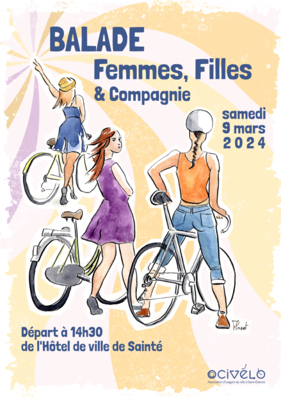 Balade Femmes Filles et compagnie 2024. Affiche déssiné avec trois femmes cyclistes.