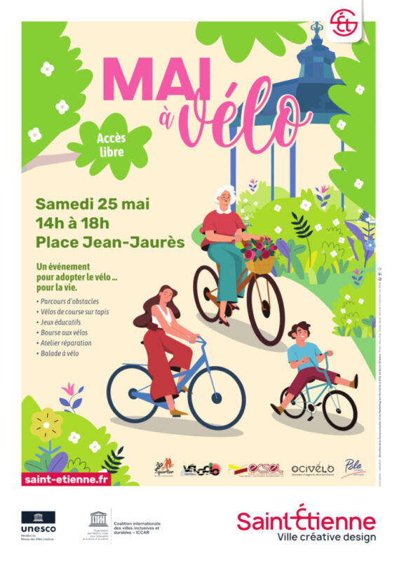 Affiche déssinée avec des cyclistes urbains adultes et enfants annoncant Mai à vélo 2024 à Saint-Étienne